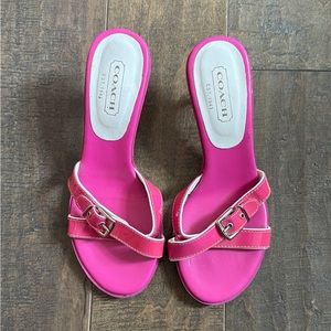 Coach Pink Patent Leather Landis Crossed Bands
Buckle Slide Sandals